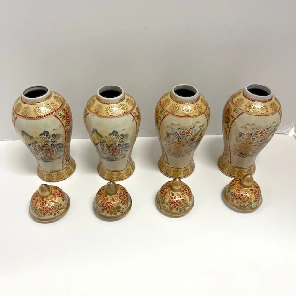 Set of 4 Vintage Mid-Century Satsuma Style Lidded Temple Jars 8 Inches Lot 1
